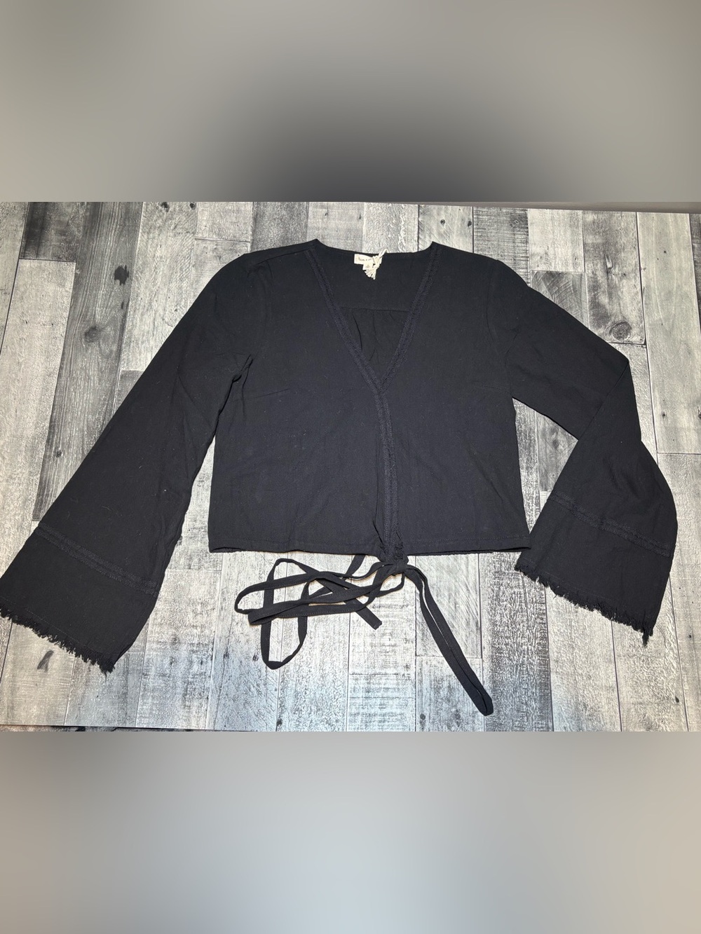 Black Wrap Tie Blouse with Frayed Sleeves